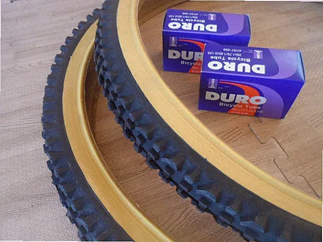 26” Pair of Duro 26x2.10 Gum Wall Mountain Bicycle Tires with Two inner tubes