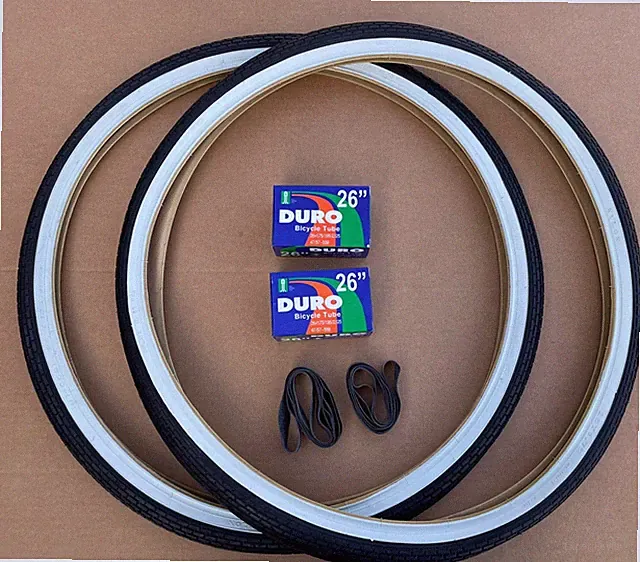 26" x 1.75 PAIR Bicycle White Wall Tires, Tubes, Rim Strips DURO Brick Thread