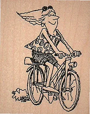 Bicycle Lady 2 1/4 x 2 3/4" Rubber Stamp, Woman Stamp, Lady Stamp