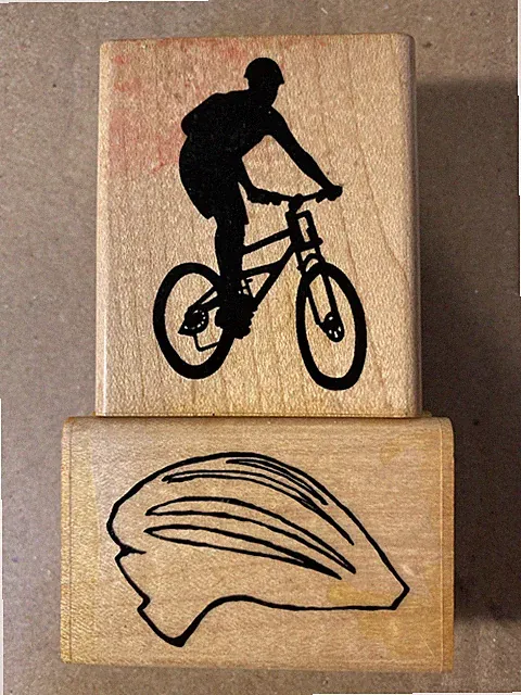Bicycle Rider Silhouette & Helmet - Wood Mounted Rubber Stamp