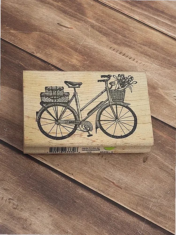 HTF INKADINKADO 93332X BICYCLE W BASKET WOOD MOUNTED RUBBER STAMP TIN CAN MAIL