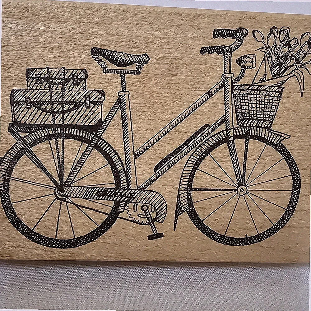 Inkadinkado BIKE WITH FLOWER BASKET Wood Mount Rubber Stamp BICYCLE. 3"X5" T-179