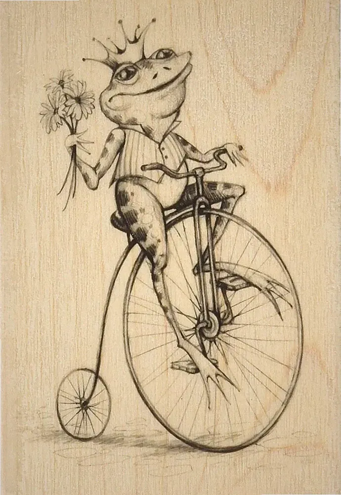 Inkadinkado Whimsical Frog Prince on Bicycle Red Rubber Wood Stamp 2.75'' x 4"