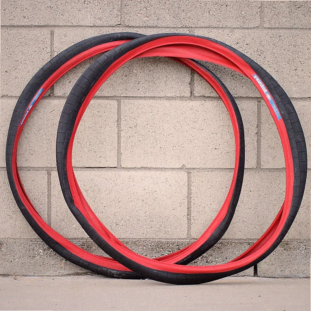 PAIR OF RESIST BMX BICYCLE TIRES 700x45c BLACK w/ RED SIDEWALLS FIXED GEAR 80PSI