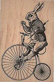 Rabbit on Old Bicycle 2 1/4 x 3 1/4" Rubber Stamp, Steampunk Stamp, Victorian