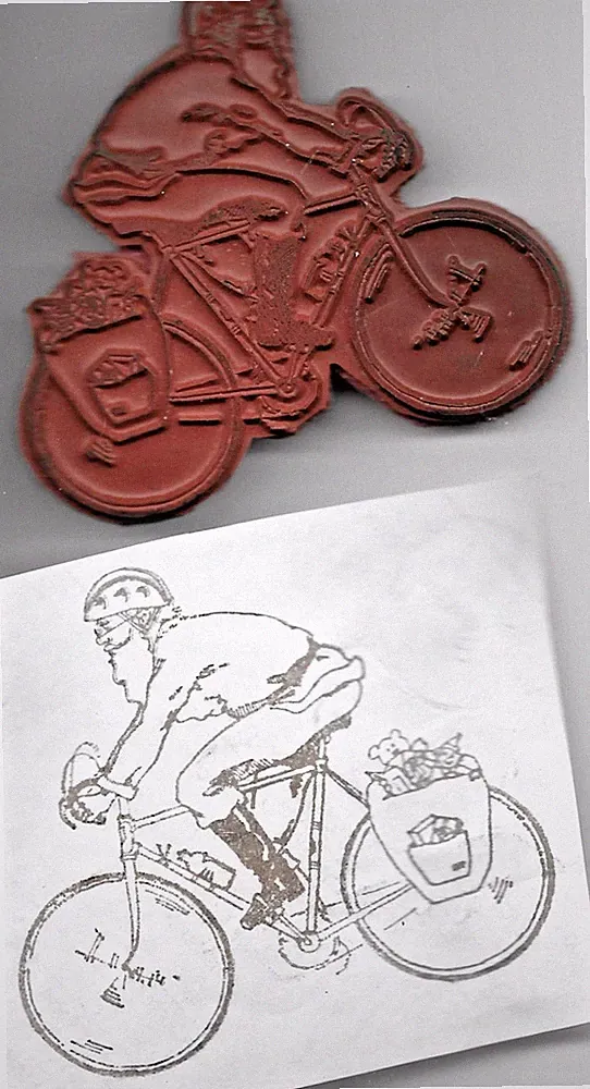 Unm. Rubber Stamp BICYCLE BIKE RIDING SANTA Helmet/SADDLE BAG of TOYS Christmas